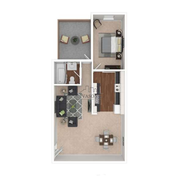 A floor plan of a small apartment with a kitchen, living room, and bathroom.