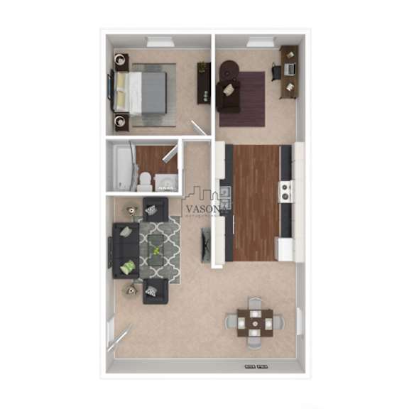 A floor plan of an apartment with a kitchen, living room, and two bedrooms.