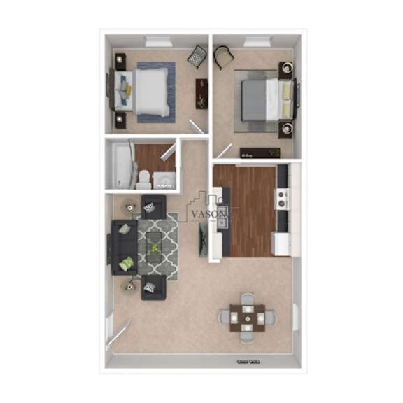 A floor plan of a room with a kitchen, living room, and bathroom.