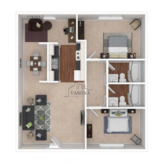 A floor plan of a Vascon apartment showing a kitchen, living room, and bedroom.