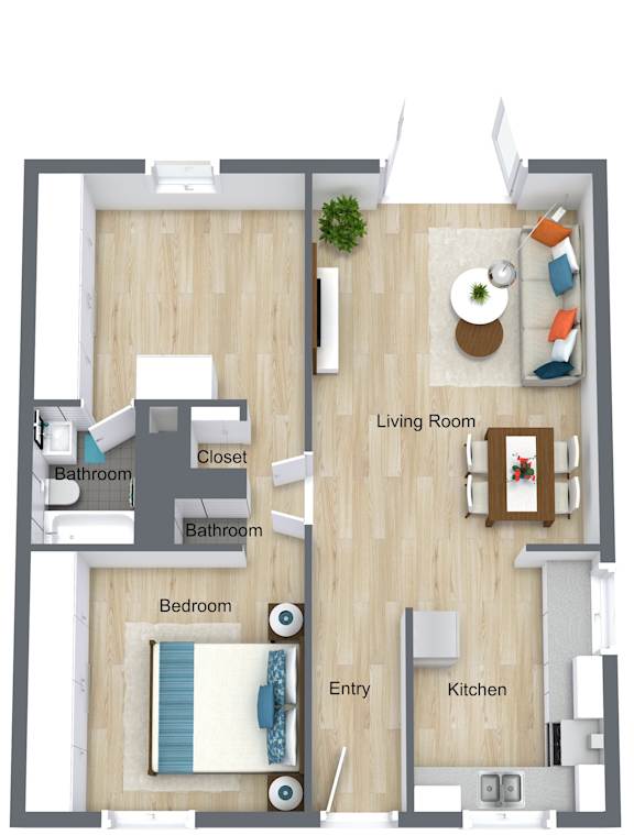 A floor plan of a small apartment with a living room, kitchen, bedroom, and bathrooms.
