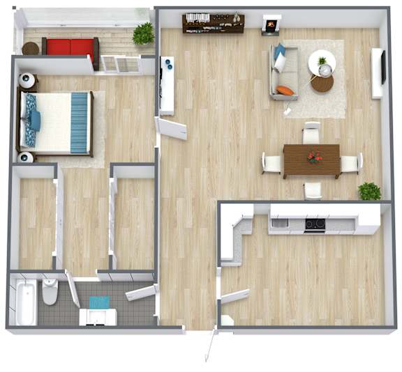 A top-down view of a modern apartment layout with a kitchen, living room, and bathroom.