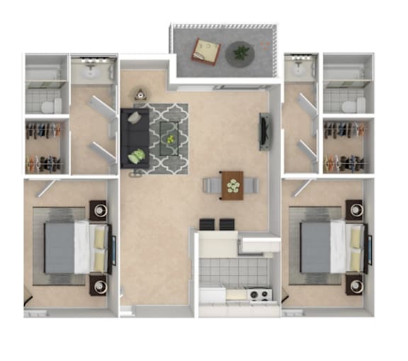 A floor plan of a small apartment with a kitchen, living room, and two bedrooms.