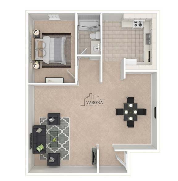 A floor plan of a room with a kitchen, living room, and bathroom.