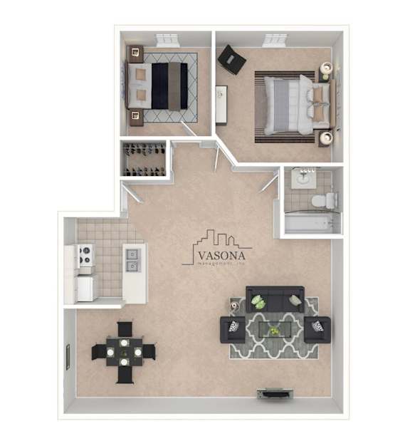 A floor plan of a Vasona home with a kitchen, living room, dining room, and bathroom.