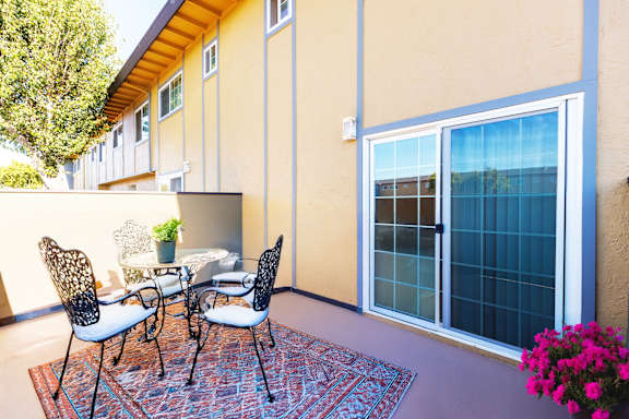 A patio with a table and chairs and a potted plant.