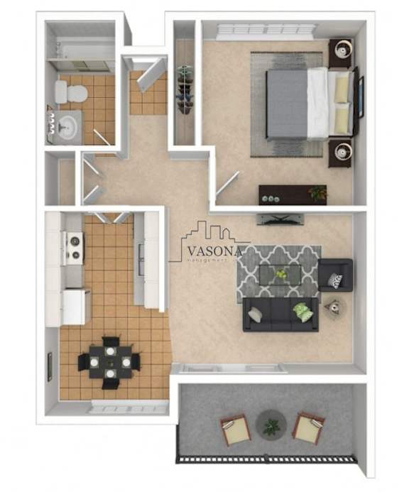 A floor plan of a Vasona home with a kitchen, living room, and bathroom.