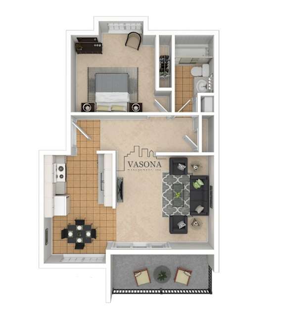 A floor plan of a Vasona apartment with a living room, kitchen, and dining area.