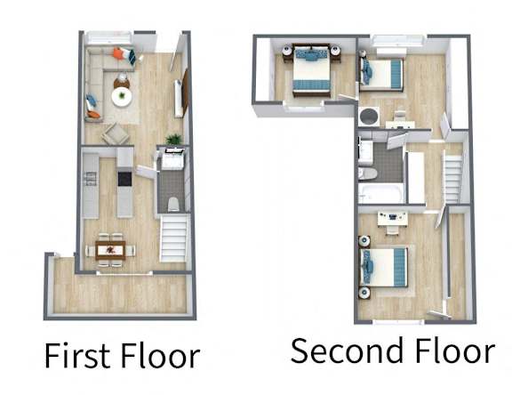 Two images of a house showing the first and second floor layouts.