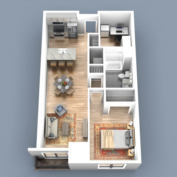 a 3d floor plan of a house with furniture and a living room