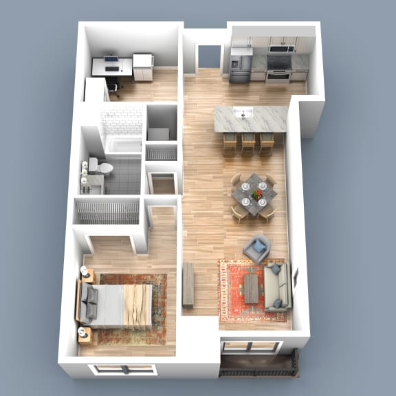 a 3d floor plan of an apartment with a bedroom and living room and deck