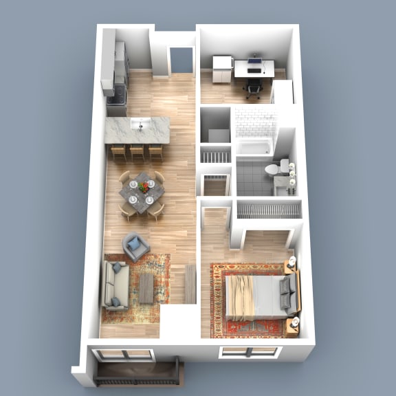 a 3d floor plan of a house with a bedroom and a living room