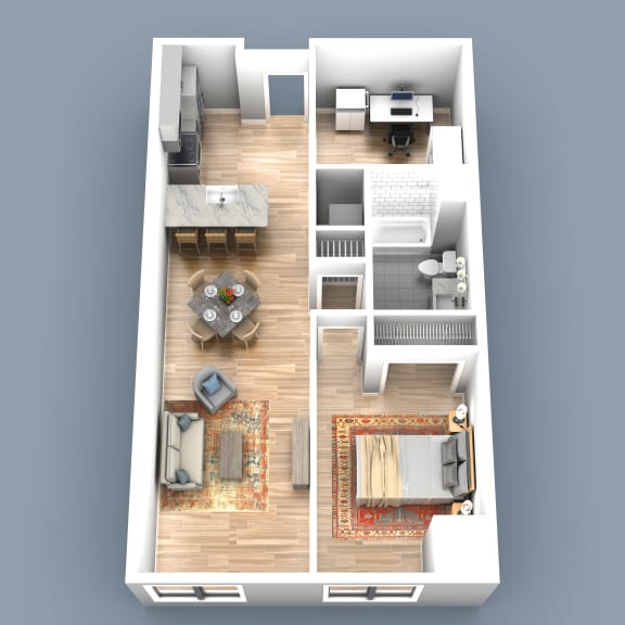 a floor plan of an apartment with 1 bedroom, living room  and den or office