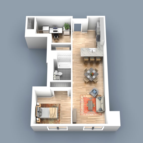 a floor plan of an apartment with 1 bedroom, kitchen, living room and den or office