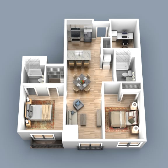 a 3d rendering of a floor plan with 3 bedrooms and a living room