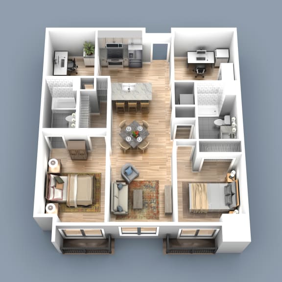 3d floor plan of an apartment with 2 bedrooms and living room and 2 bathrooms