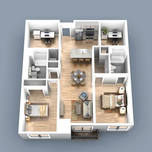 a 3d rendering of an apartment with 2 bedrooms, living room, den and deck