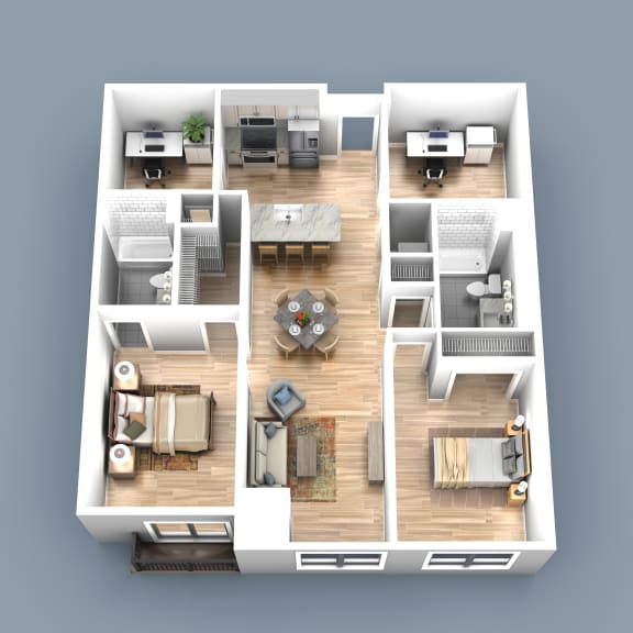 a floor plan of an apartment with 2 bedrooms, 2 bathrooms, 2 dens, kitchen, living room and deck