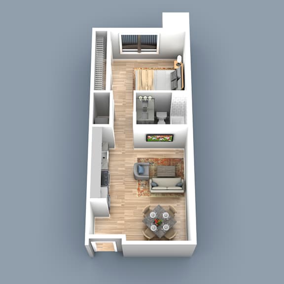 a floor plan of a studio apartment with a full bath and laundry