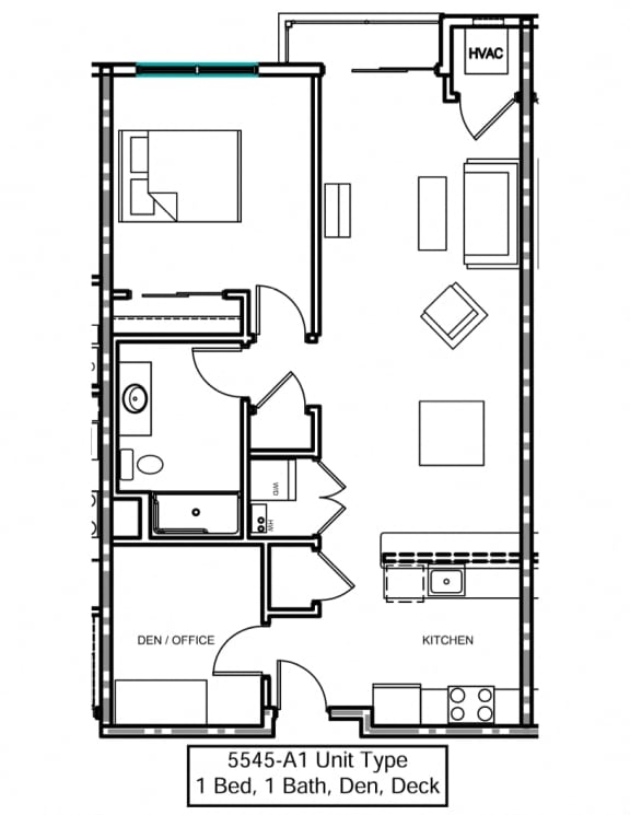 a floor plan of an apartment with 1 bedroom, living room, den and deck