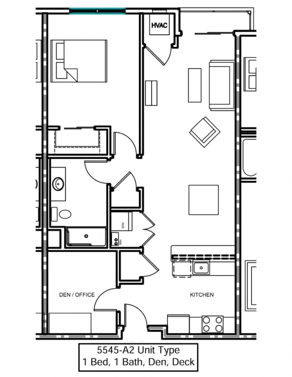 a floor plan of an apartment with 1 bedroom, living room, den and deck