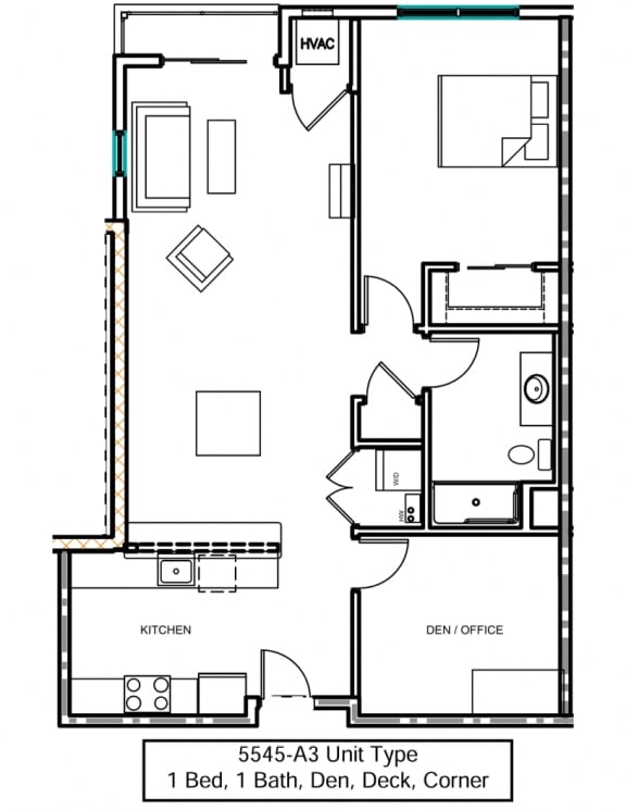 a floor plan of an apartment with 1 bedroom, living room, den and deck