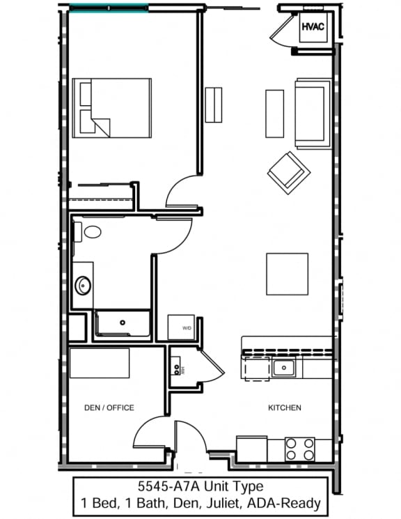 a floor plan of an apartment with 1 bedroom, living room, den and deck