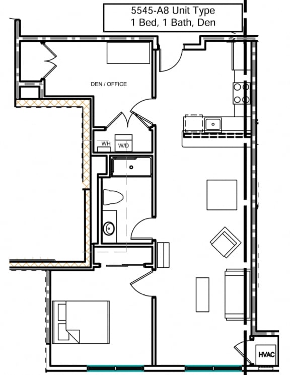 a floor plan of an apartment with 1 bedroom, living room, den and deck