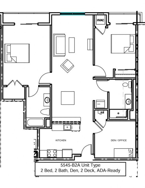 a floor plan of an apartment with 2 bedrooms, living room, den and deck