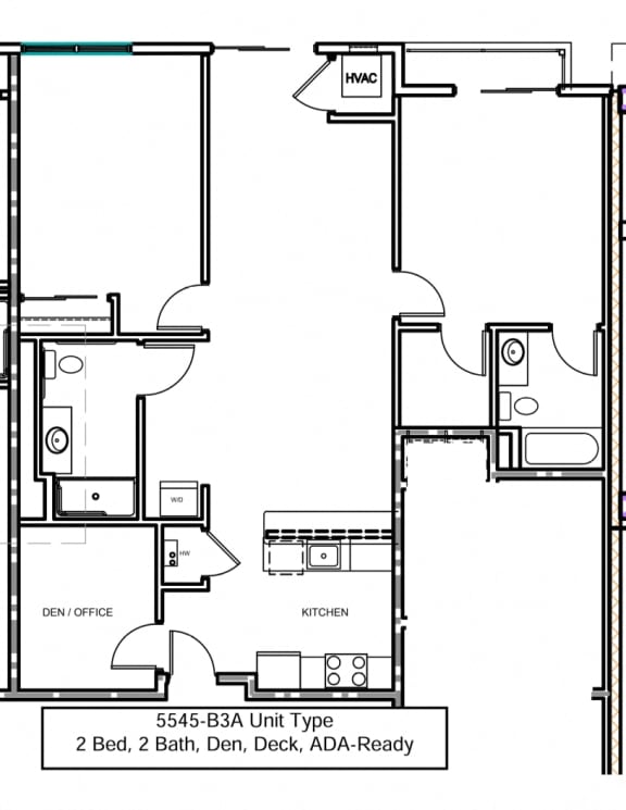 a floor plan of an apartment with 2 bedrooms, living room, den and deck
