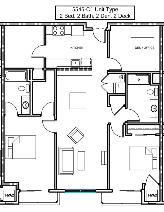 a floor plan of an apartment with 2 bedrooms, living room, den and deck