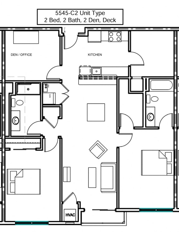 a floor plan of an apartment with 2 bedrooms, living room, den and deck