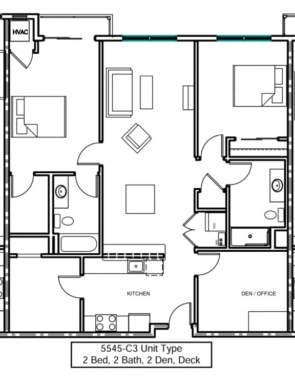 a floor plan of an apartment with 2 bedrooms, living room, den and deck