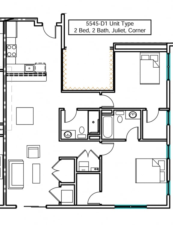 a floor plan of an apartment with 2 bedrooms, living room and 2 bathrooms