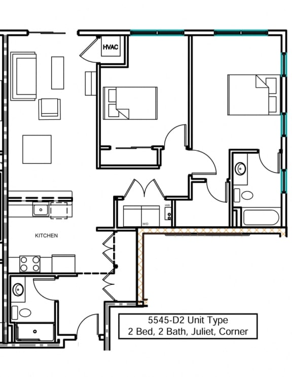 a floor plan of an apartment with 2 bedrooms, living room and 2 bathrooms