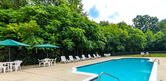A pool surrounded by trees and chairs.