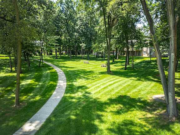 A park with a curved white pathway and green grass.
