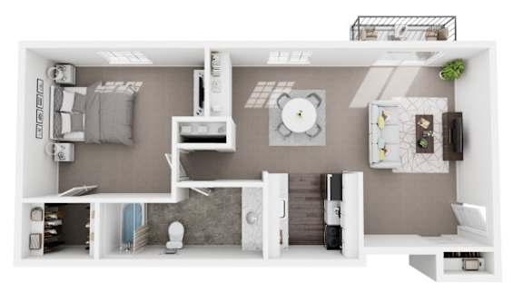 Floor Plan  A 3D floor plan of a small apartment with a kitchen, living room, and bathroom.