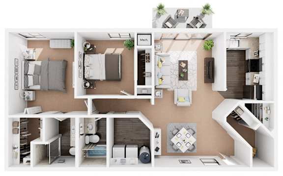 Floor Plan  A top-down view of a modern apartment layout with a kitchen, living room, and bedrooms.