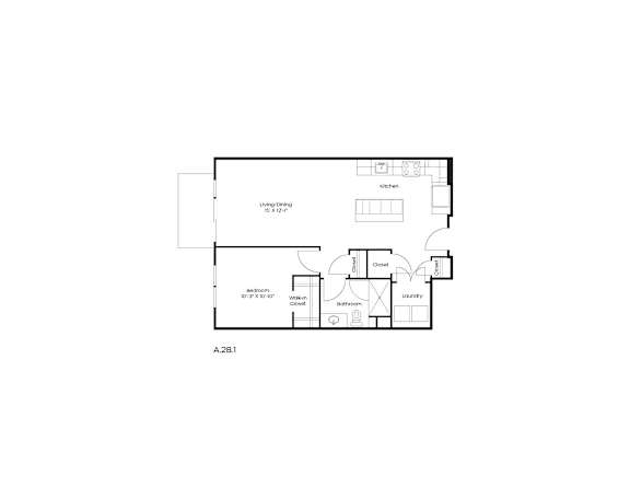 A floor plan of a residential area with a kitchen, living room, dining room, and bathrooms.