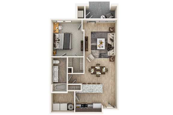 a stylized floor plan with a bedroom and a living room
