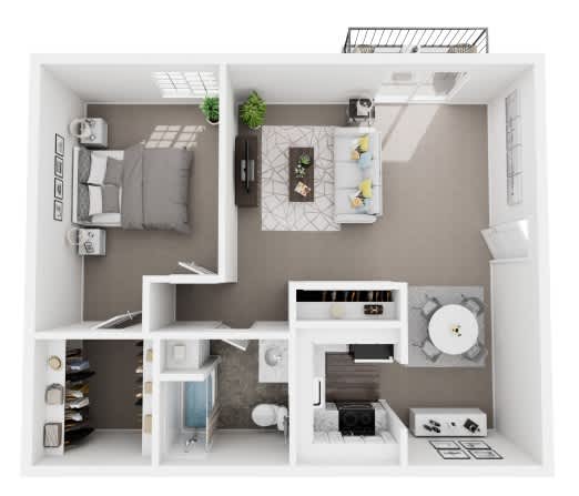 Floor Plan  A 3D floor plan of a small apartment with a kitchen, living room, and bathroom.