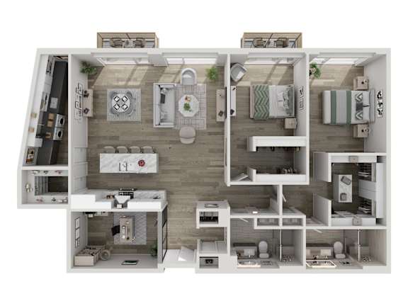 A 3D floor plan of a house with a kitchen, living room, and bathroom.