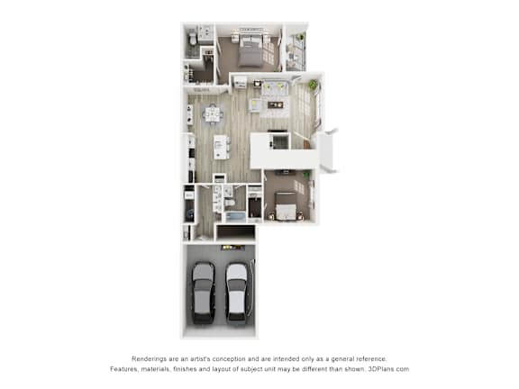 A 3D floor plan of a house with two bedrooms, a living room, a kitchen, and a garage.