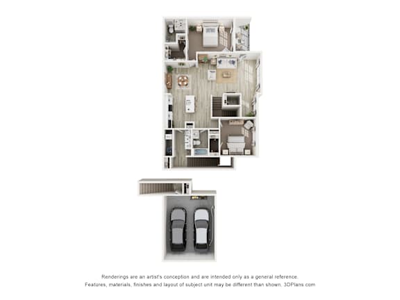 A 3D floor plan of a house with a garage.