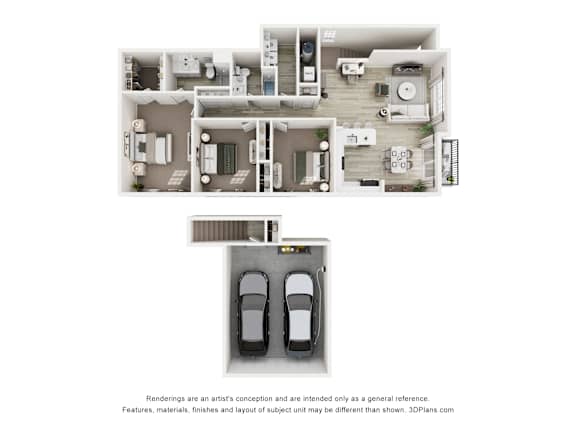 A 3D floor plan of a house with two cars parked in the garage.