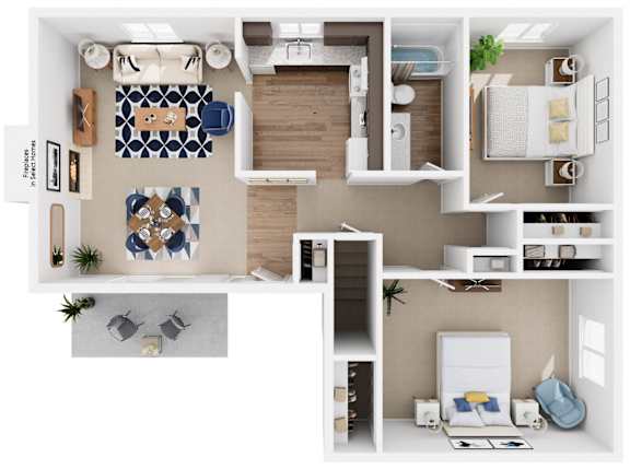 a 3d drawing of the living room of a house with furniture and a balcony