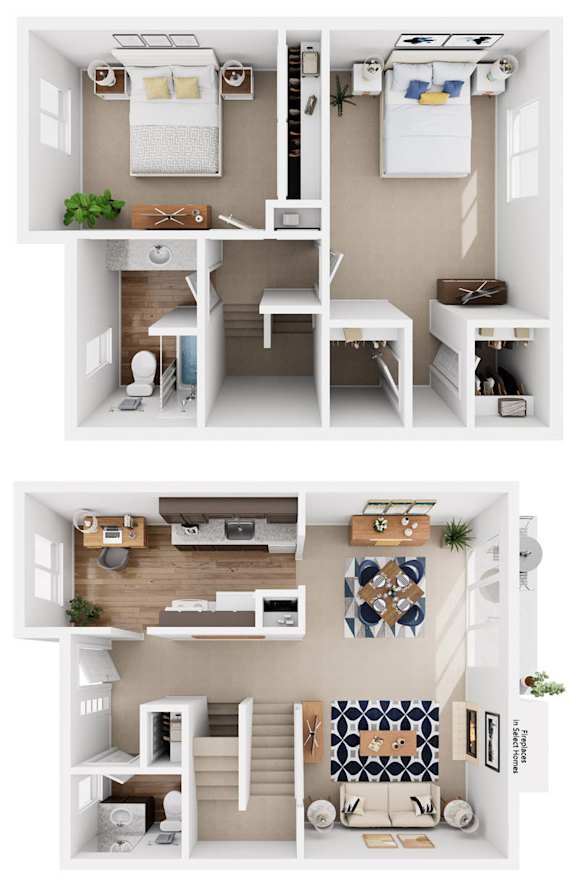 two different layouts of a home office and a living room