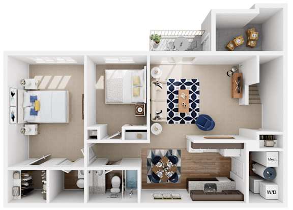 a 3d floor plan of a house with a kitchen and a living room