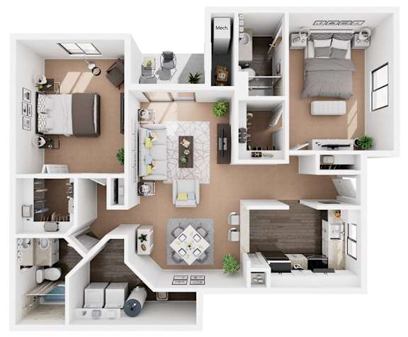 Floor Plan  A top-down view of a small apartment layout with a kitchen, living room, and bedroom.